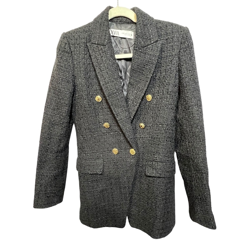 Zara‎ Womens Black Textured Tweed Double Breasted Blazer Gold Crest Buttons XS